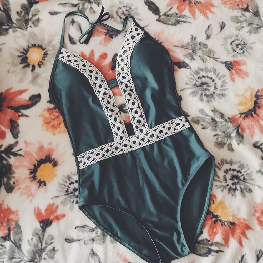 SHEIN Olive Green White Crochet Trim One Piece Swimsuit - Size Small